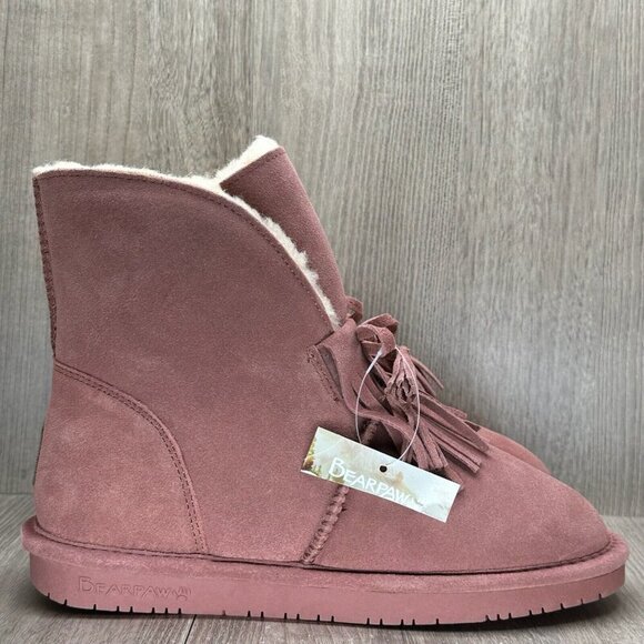 Bearpaw Ankle Boots Women Size 8 Dusty Pink Suede Tassel Sheepskin Lined Winter - Picture 1 of 12